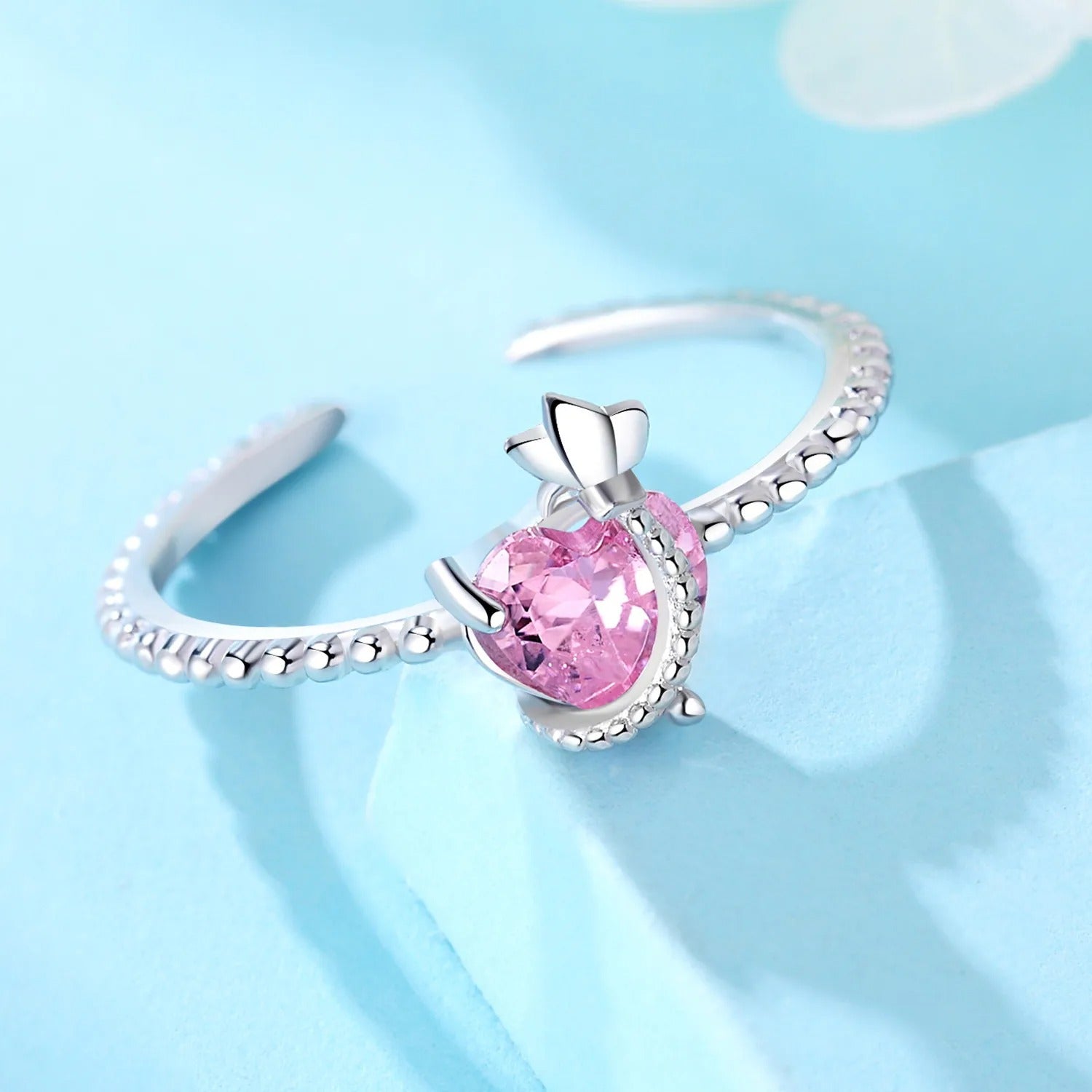 Pink Heart Zircon Butterfly Opening Ring