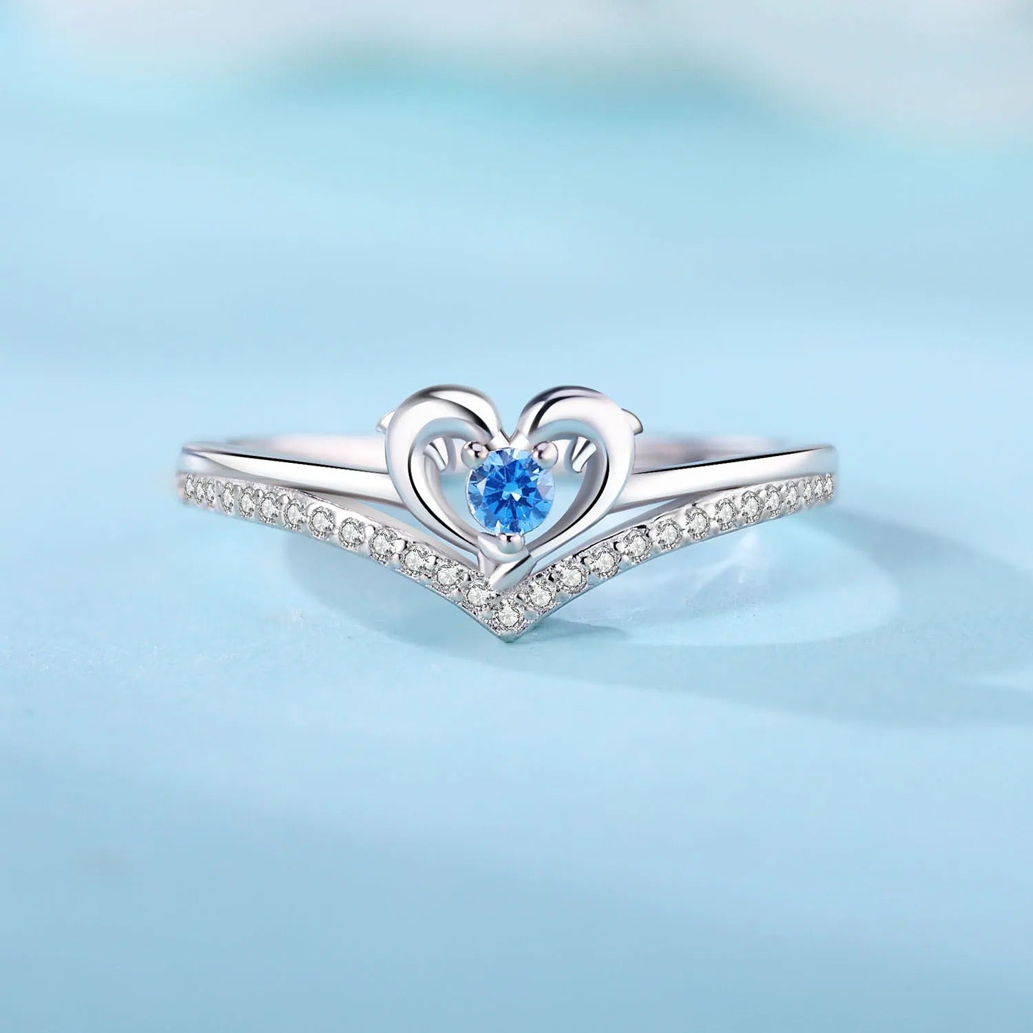Heart Dolphin Blue Zircon Opening Ring